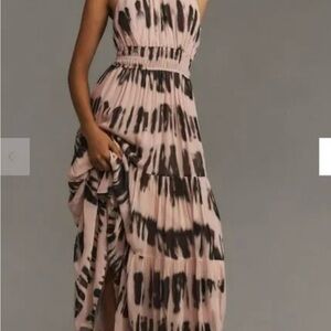 Anthropologie Pink and Black Tiered Strapless Maxi Dress